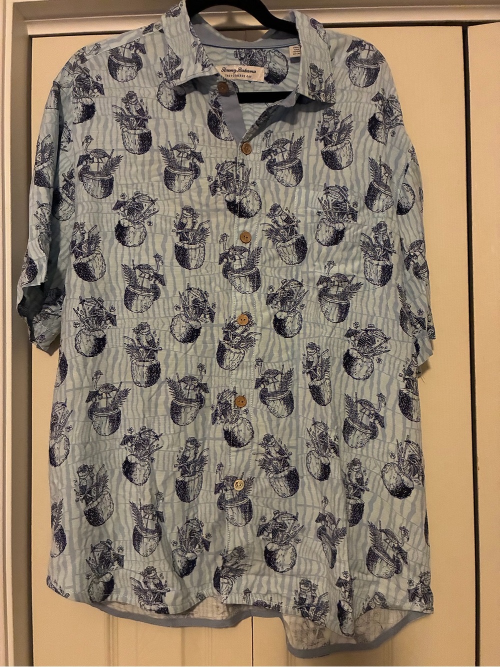 Tommy Bahama Light Blue Camp Shirt with Navy Tropical Print